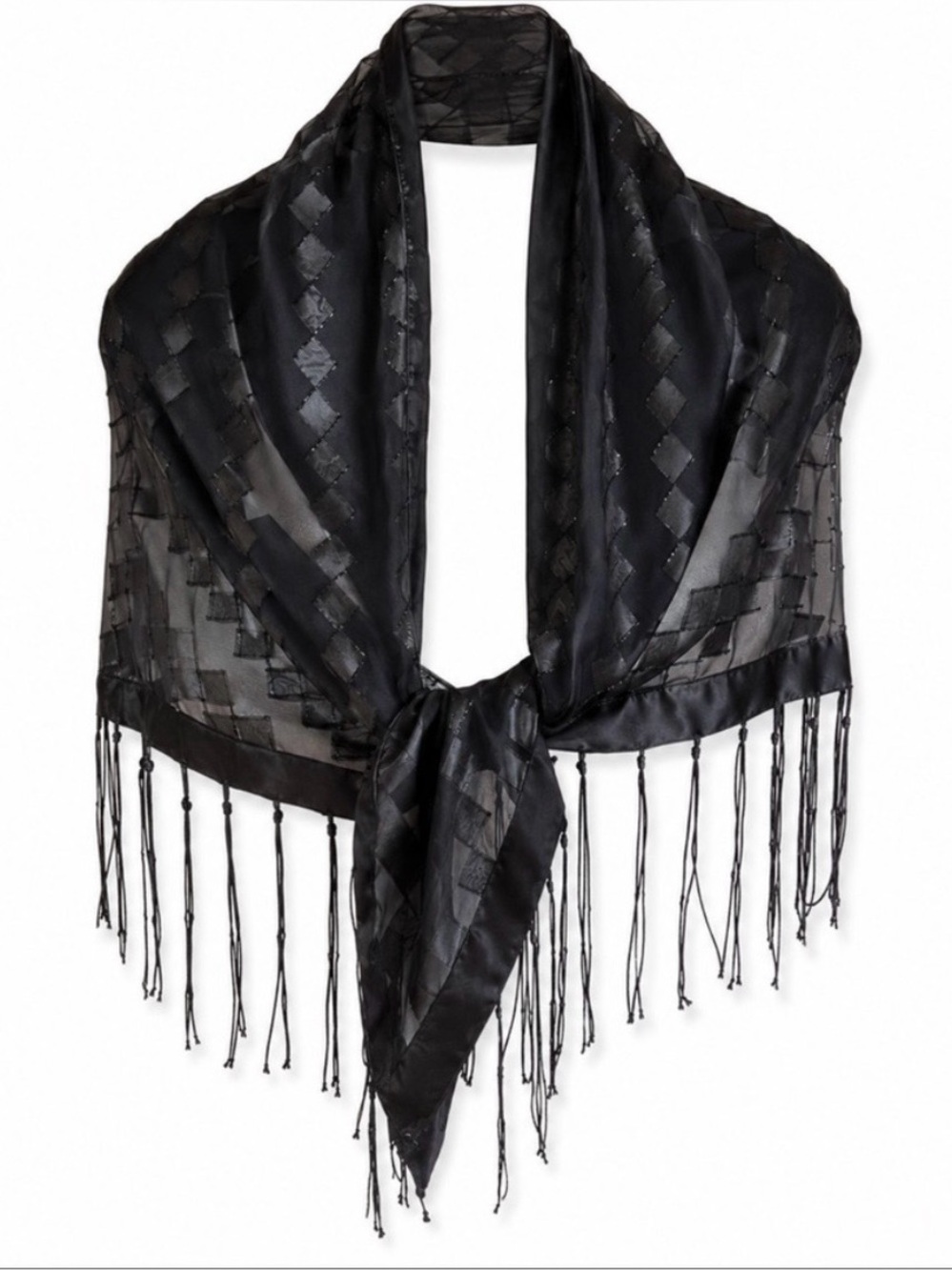 Black Sheer Shimmer Diamond Fringe Shawl Wrap
